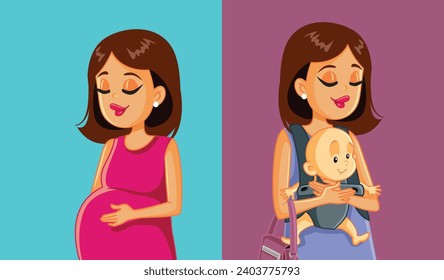 
New Mom Before and After Pregnancy vector Cartoon Illustration. Woman showing her baby bump latter holding her newborn baby 
