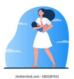 New mom breastfeeding baby. Young woman holding little kid in arm flat vector illustration. Parenthood, childhood, childcare concept for banner, website design or landing web page