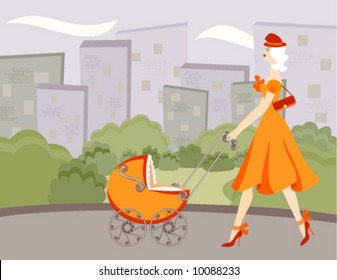 New mom fashionista walking in the street with baby stroller. Greenbelt and city in background.