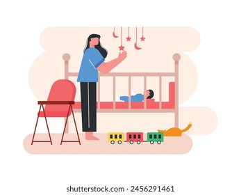 New mom is with her new born at nursery, sleeping baby. Character design. Vector flat illustration