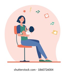 New mom holding baby in arms. Mother and little kid sitting on chair flat vector illustration. Motherhood, maternity leave concept for banner, website design or landing web page