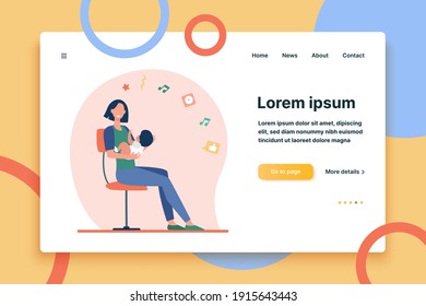 New mom holding baby in arms. Mother and little kid sitting on chair flat vector illustration. Motherhood, maternity leave concept for banner, website design or landing web page