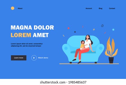 New mom holding kid on lap. Mother and toddler with pacifier sitting on couch at home flat vector illustration. Motherhood, maternity leave concept for banner, website design or landing web page