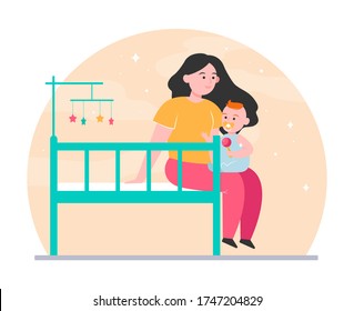 New mom holding and soothing baby. Crib, toddler, playing with child flat vector illustration. Childhood, childcare, parenthood concept for banner, website design or landing web page