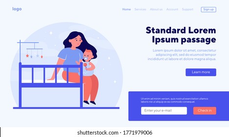 New mom holding and soothing baby. Crib, toddler, playing with child flat vector illustration. Childhood, childcare, parenthood concept for banner, website design or landing web page