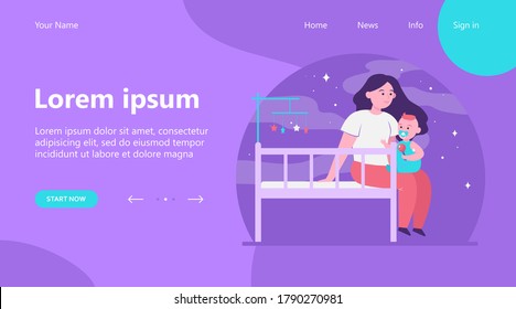 New mom holding and soothing baby. Crib, toddler, playing with child flat vector illustration. Childhood, childcare, parenthood concept for banner, website design or landing web page