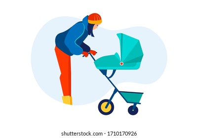 New mom walking with baby outdoors. Young woman in winter outfit wheeling stroller flat vector illustration. Child care, outdoor activity concept for banner, website design or landing web page