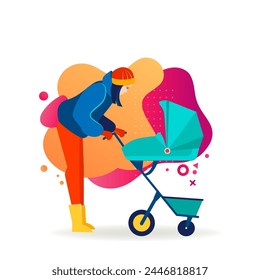 New mom walking with baby outdoors. Young woman in winter outfit wheeling stroller flat vector illustration. Child care, outdoor activity concept for banner, website design or landing web page