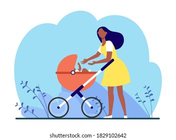 New Mom Walking With Baby Outside. Woman Reaching Arms To Stroller With Kid Flat Vector Illustration. Motherhood, Parenting, Childcare Concept For Banner, Website Design Or Landing Web Page