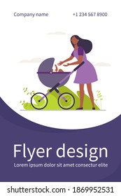 New Mom Walking With Baby Outside. Woman Reaching Arms To Stroller With Kid Flat Vector Illustration. Motherhood, Parenting, Childcare Concept For Banner, Website Design Or Landing Web Page