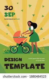 New Mom Walking With Baby Outside. Woman Reaching Arms To Stroller With Kid Flat Vector Illustration. Motherhood, Parenting, Childcare Concept For Banner, Website Design Or Landing Web Page