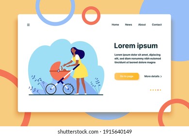 New Mom Walking With Baby Outside. Woman Reaching Arms To Stroller With Kid Flat Vector Illustration. Motherhood, Parenting, Childcare Concept For Banner, Website Design Or Landing Web Page