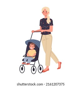 New mom walking with children. Young women wheeling strollers in park flat vector illustration. Motherhood, communication, friendship concept