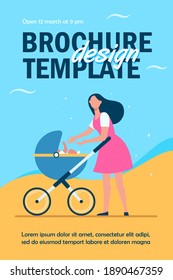 New mom walking with stroller. Mother reaching hands to baby in pram flat vector illustration. Love, motherhood, childcare concept for banner, website design or landing web page
