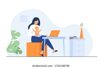 New Mom Working At Home. Working Mother Holding Baby In Arms, Using Computer At Her Workplace. Can Be Used For Freelance Worker With Kid, Maternity, Motherhood, Online Job Concept