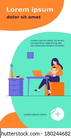 New mom working at home. Working mother holding baby in arms, using computer at her workplace. Can be used for freelance worker with kid, maternity, motherhood, online job concept