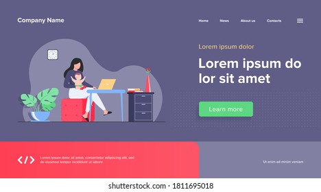 New mom working at home. Working mother holding baby in arms, using computer at her workplace. Can be used for freelance worker with kid, maternity, motherhood, online job concept