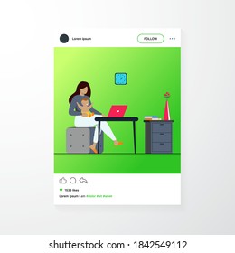 New mom working at home. Working mother holding baby in arms, using computer at her workplace. Can be used for freelance worker with kid, maternity, motherhood, online job concept