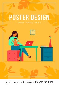 New Mom Working At Home. Working Mother Holding Baby In Arms, Using Computer At Her Workplace. Can Be Used For Freelance Worker With Kid, Maternity, Motherhood, Online Job Concept