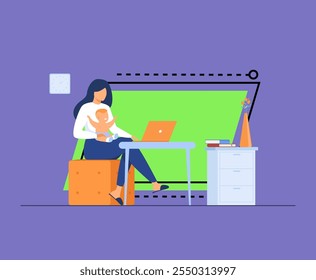 New mom working at home. Working mother holding baby in arms, using computer at her workplace. Can be used for freelance worker with kid, maternity, motherhood, online job concept