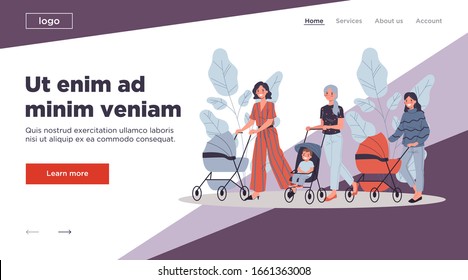 New moms walking with children. Young women wheeling strollers in park flat vector illustration. Motherhood, communication, friendship concept for banner, website design or landing web page