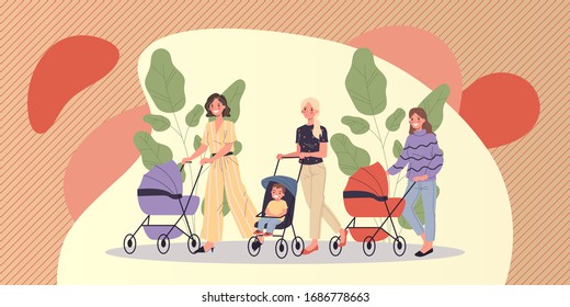 New moms walking with children. Young women wheeling strollers in park flat vector illustration. Motherhood, communication, friendship concept for banner, website design or landing web page