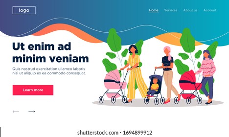 New moms walking with children. Young women wheeling strollers in park flat vector illustration. Motherhood, communication, friendship concept for banner, website design or landing web page