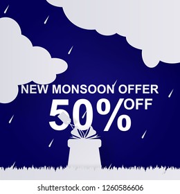 New Monsoon offer. 50% percent off. Black friday and cyber monday ads discount promotion. Blue background. Banner or poster sale with cloud, rain, gift and grass illustration in paper cut art style