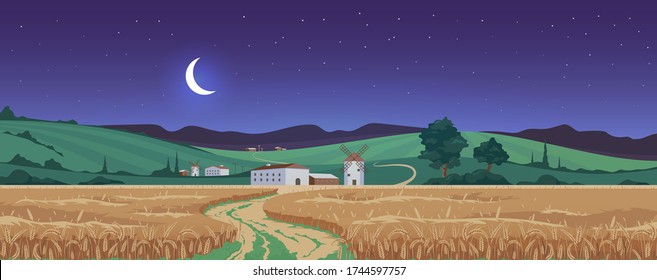 New moon above wheat fields flat color vector illustration. Autumn night in village 2D cartoon landscape with mountains on background. Clear starry sky over agricultural area