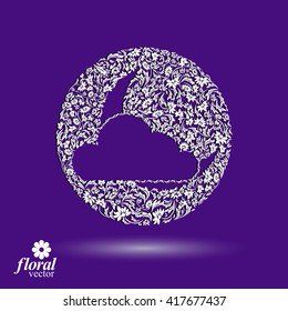 New Moon behind cloud beautiful art illustration, floral lullaby conceptual vector icon, sleep time symbol. Floral-patterned moony night abstraction.