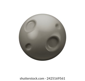 New moon emoji vector 3d. Cartoon planet with craters emoticon, isolated on white background. Shiny design element,