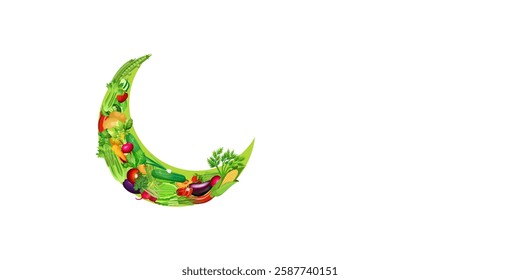 New moon made with many vegetables green vegetarians  Ramadan, Eid, Eid Ul Adha  Islamic festival creative design concept