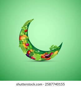 New moon made with many vegetables green vegetarians  Ramadan, Eid, Eid Ul Adha  Islamic festival creative design concept