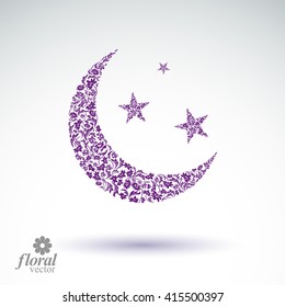 New Moon placed on starry sky beautiful vector art illustration, flowery lullaby stylized icon, sleep time idea. Floral-patterned moony night image, can be used in advertising and web design.