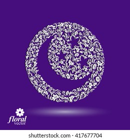 New Moon placed on starry sky beautiful art vector illustration, flowery lullaby stylized icon, sleep time idea. Floral-patterned moony night image, can be used in advertising and web design.