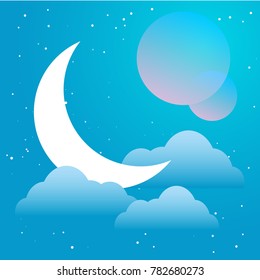 New moon vector flat Illustration on a blue colors gradient backgroud with constellation of stars, clouds, two planets and soft light. Used for logo, icon or templates for web