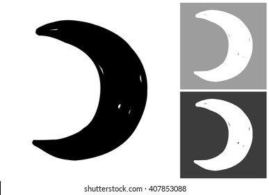 New moon vector hand drawn graphic image. Label with minimalistic shape new moon. Isolated element on white, gray and black background. Paint imitation.