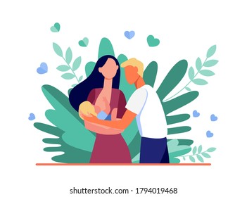 New mother breastfeeding child. Dad holding baby flat vector illustration. New parents, motherhood, parenthood, postnatal care concept for banner, website design or landing web page