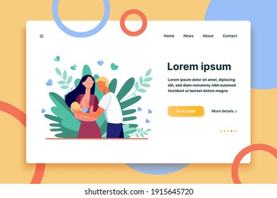 New mother breastfeeding child. Dad holding baby flat vector illustration. New parents, motherhood, parenthood, postnatal care concept for banner, website design or landing web page