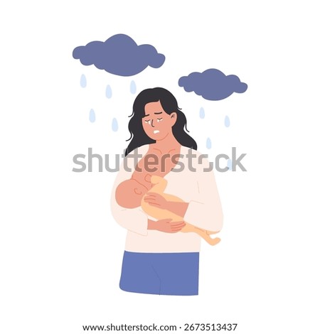 New mother feeling overwhelmed while breastfeeding newborn, expressing emotional vulnerability and need for postpartum support. Flat Style Vector Illustration for maternal wellness professional care.