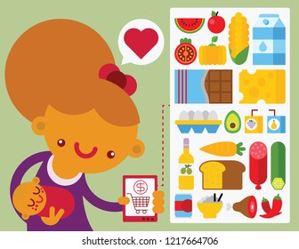 New Mother Shopping Supermarket Supplies on her phone