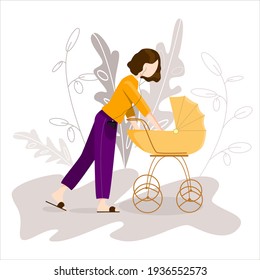 The new mother is walking with the child. Young woman walks with a stroller in the park. Motherhood for banner, website design or landing web page. Vector.