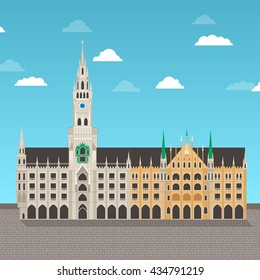 New Munich city hall in Bavaria, Germany. Neue Rathaus building landmark vector illustration with sky and clouds on background