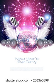 New YearÃ?Â´s music poster with disco ball, speakers and fireworks - Vector