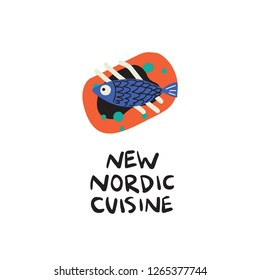 New nordic cuisine. Funny hand drawn illustration of smorrebrod traditional scandinavian sandwich. Herring, bread drawn in sketch style. Vector design