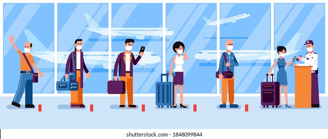 New Norma - People In Masks Observe Social Distance In The Airport Check-in Line. Passengers At The Airport During A Pandemic. Vector Illustration.