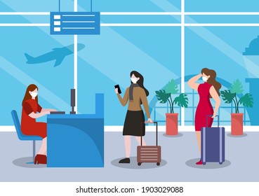 New norma, Vector illustration People in Masks Observe Social Distancing in the Interior Airport, Check-in Line and Queue Travel Flat Design.