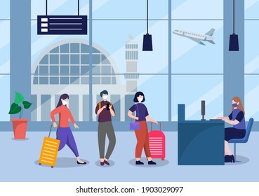 New norma, Vector illustration People in Masks Observe Social Distancing in the Interior Airport, Check-in Line and Queue Travel Flat Design.