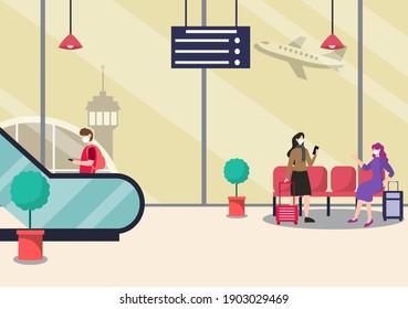 New norma, Vector illustration People in Masks Standing on Escalator Airport Interior Terminal, Business Travel Concept. Flat Design.