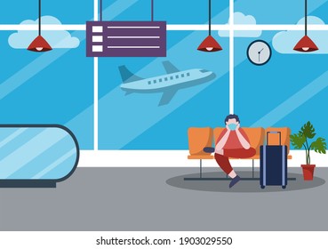 Nuevo normal, Vector ilustración Personas en máscaras sentadas en terminal interior del aeropuerto, Business Travel Concept. Diseño plano.